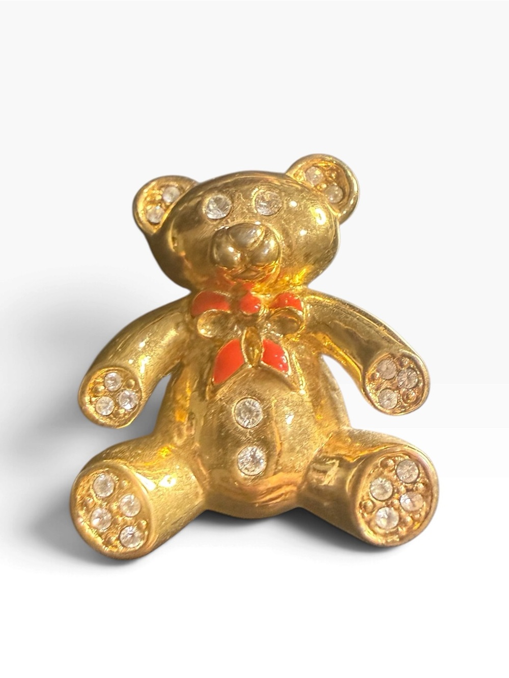 Vintage Monet Teddy Bear Brooch Gold Tone Rhinestone Red Bow Figural Pin